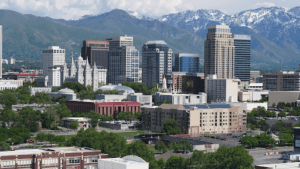 Salt Lake City skyline with mountains in the background